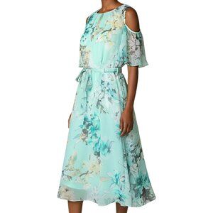Perceptions Teal Blue Floral Cut-Out Shoulder Dress Women's Size 8 NWT